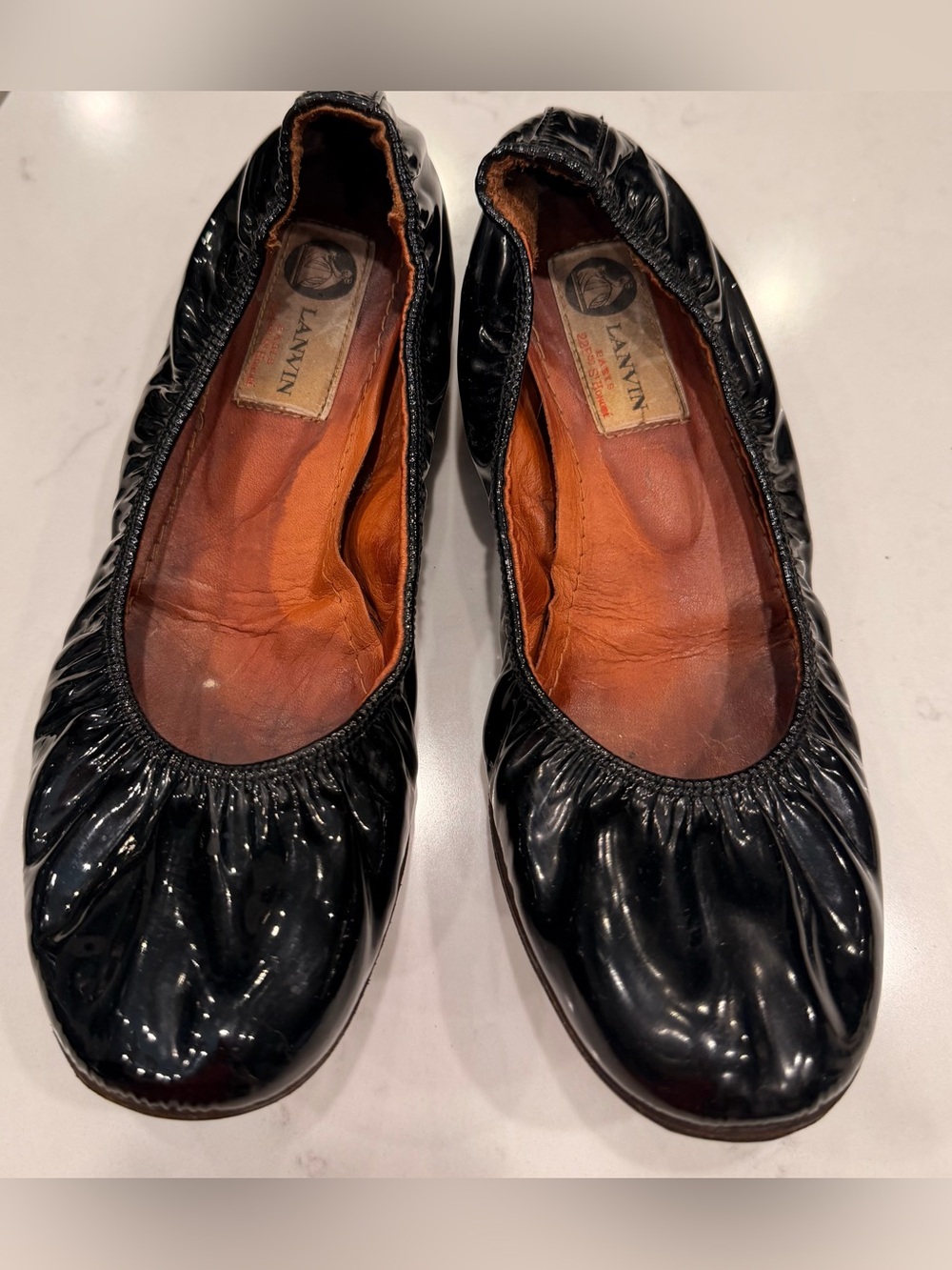Lanvin Black Patent Leather Gathered-Top Ballet Flats